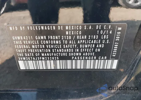 2015 Volkswagen Jetta Sedan 2.0L S z USA, uszkodzony, nr VIN 3VW2K7AJ3FM232825